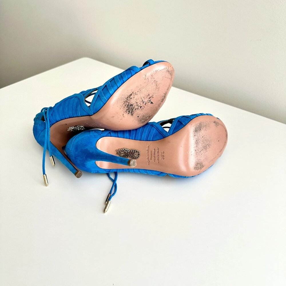 AQUAZZURA Blue Suede Scalloped Cutout Ankle Wrap Sandals Heels Size 38.5 - Picture 11 of 11